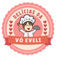 Logotipo colorido do restaurante Delícias da Vó Eveli com personagem de cozinheira e oito corações symbolizing os netos